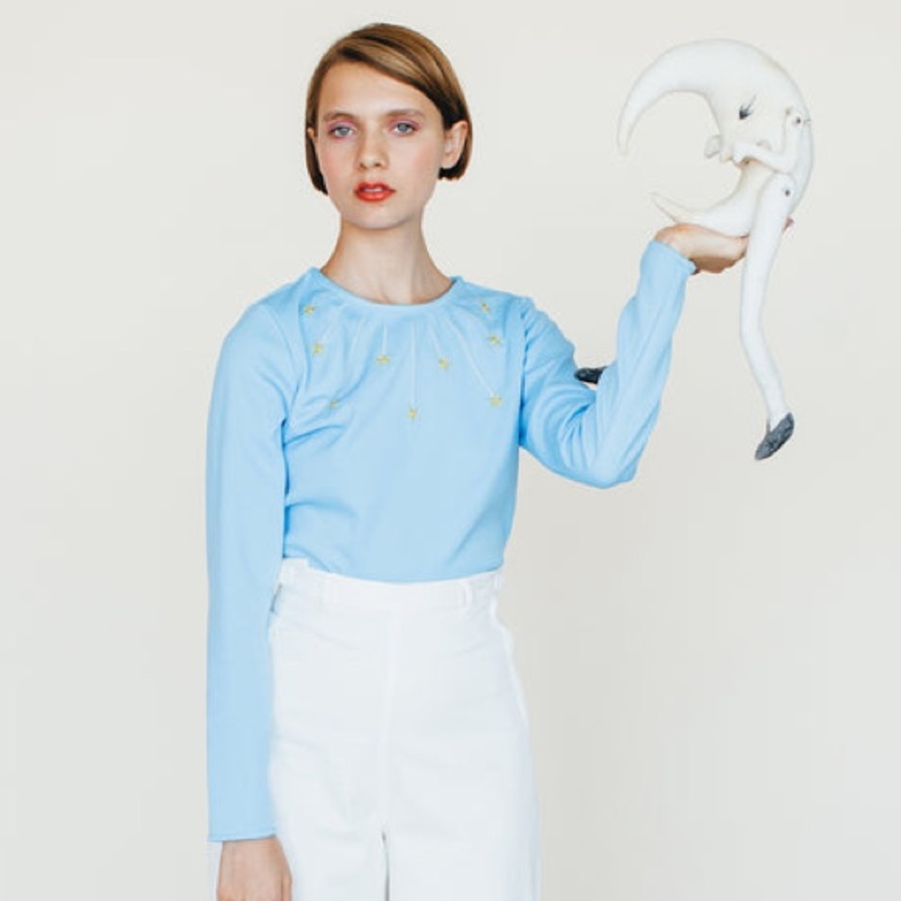 Samantha Pleet Light Blue Long Sleeve Top with Shooting Star Embriodery